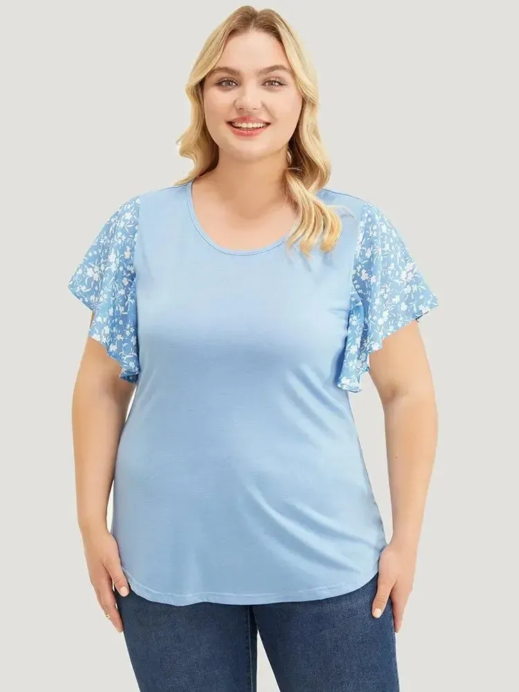 Ditsy Floral Ruffle Sleeve Round Neck T-shirt