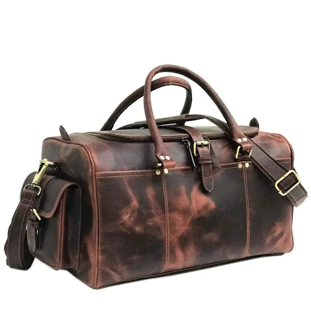 Dark Brown Leather Weekend Bag – Double Compartment Design