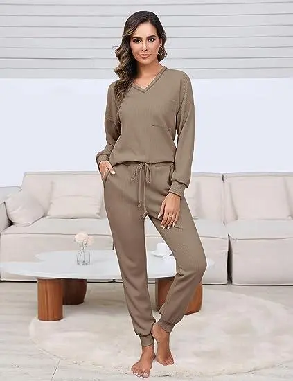 Women's Waffle Knit Lounge Set – Long Sleeve Pullover & Jogger Sweatpants