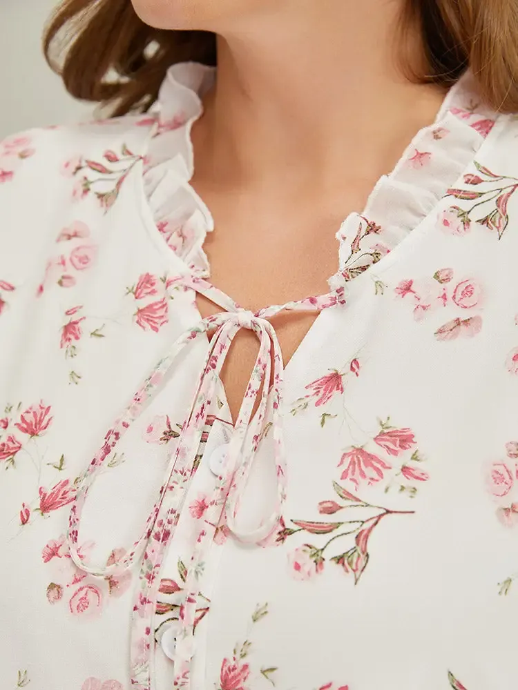 Ditsy Floral Patchwork Frill Trim Tie Neck Blouse