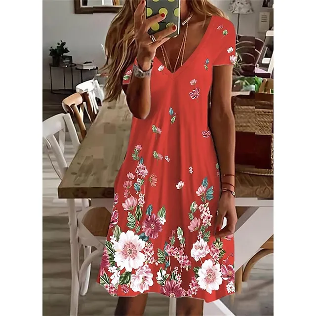 Women's Casual Dress Summer Dress Print Dress Floral Print V Neck Mini Dress Active Fashion Outdoor Daily Short Sleeve Regular Fit Black And White Olive Green Colourful Summer Spring S M L XL XXL