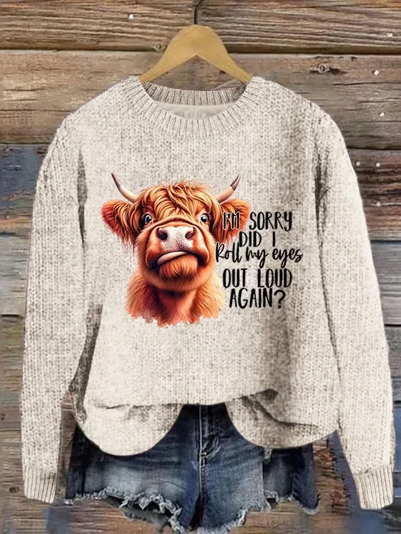 Women's Highland Cow Print Knitted Crew Neck Sweater
