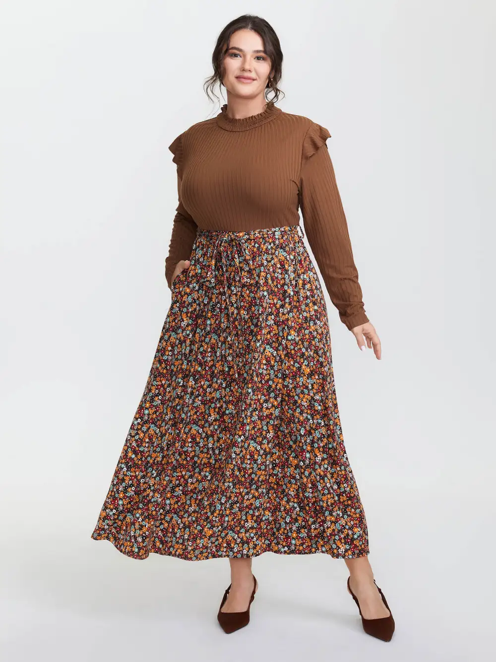 Floral Ruffled Pockets Mock Neck Maxi Dress