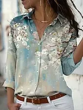 Women's Shirt Button Down Tunic Shirt Collar Long Sleeve Floral Graphic Vintage Daily Stylish Regular Tops Work Daily Holiday s Print White Blue Green Spring Fall