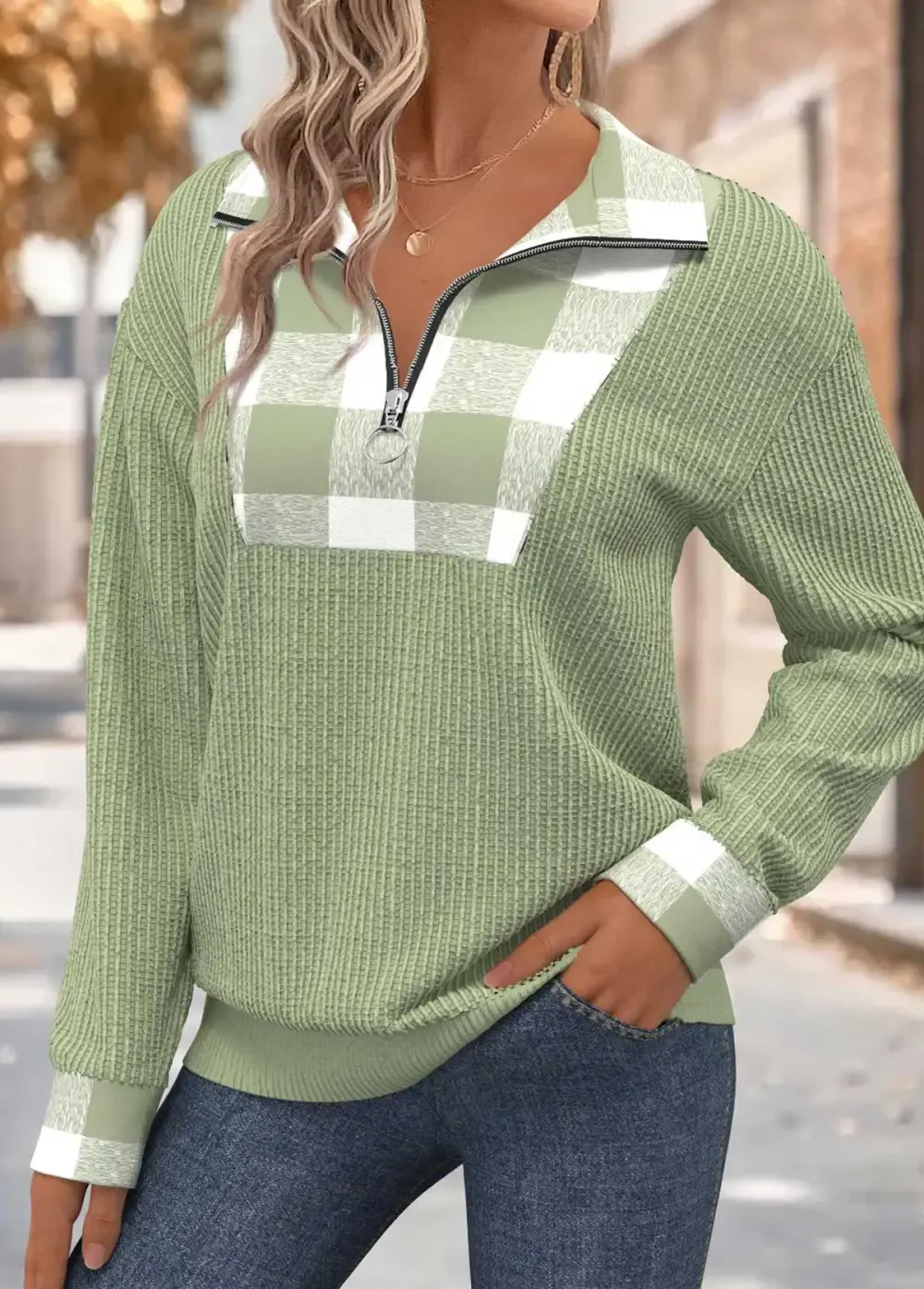 Sage Green Tummy Coverage Plaid Long Sleeve Sweatshirt