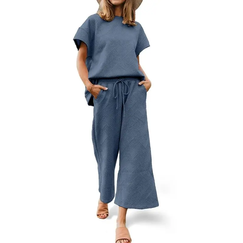 Women's 2-Piece Knit Loungewear Set – Short Sleeve Top & Cropped Wide Leg Pants