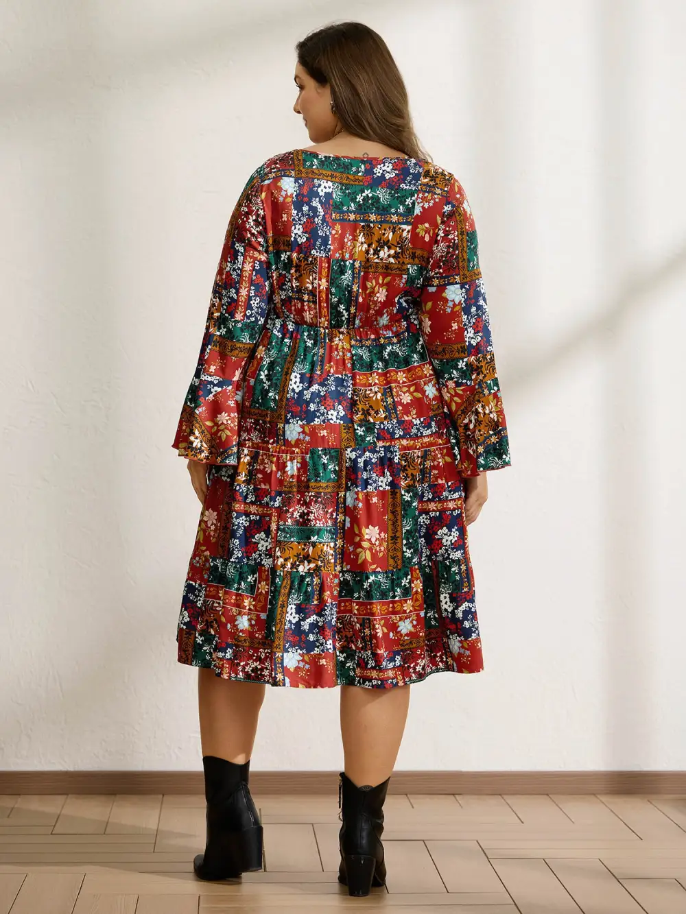 Floral Collage Print Deep V-Neck Midi Dress