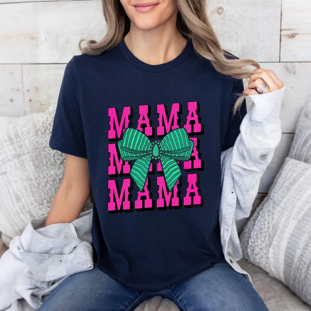 “MAMA” , The Slogan Is Repeated In Pink Capital Letters And A Green Striped Bow Pattern, Casual T-Shirt.