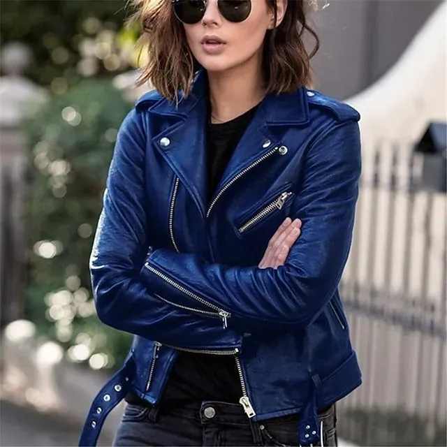 Women's Faux Leather Jacket Comfortable Full Zip Fashion Street Style Plain Outdoor Casual Daily Regular Turndown Regular Fit Long Sleeve Outerwear Silver Black Pink Spring Fall