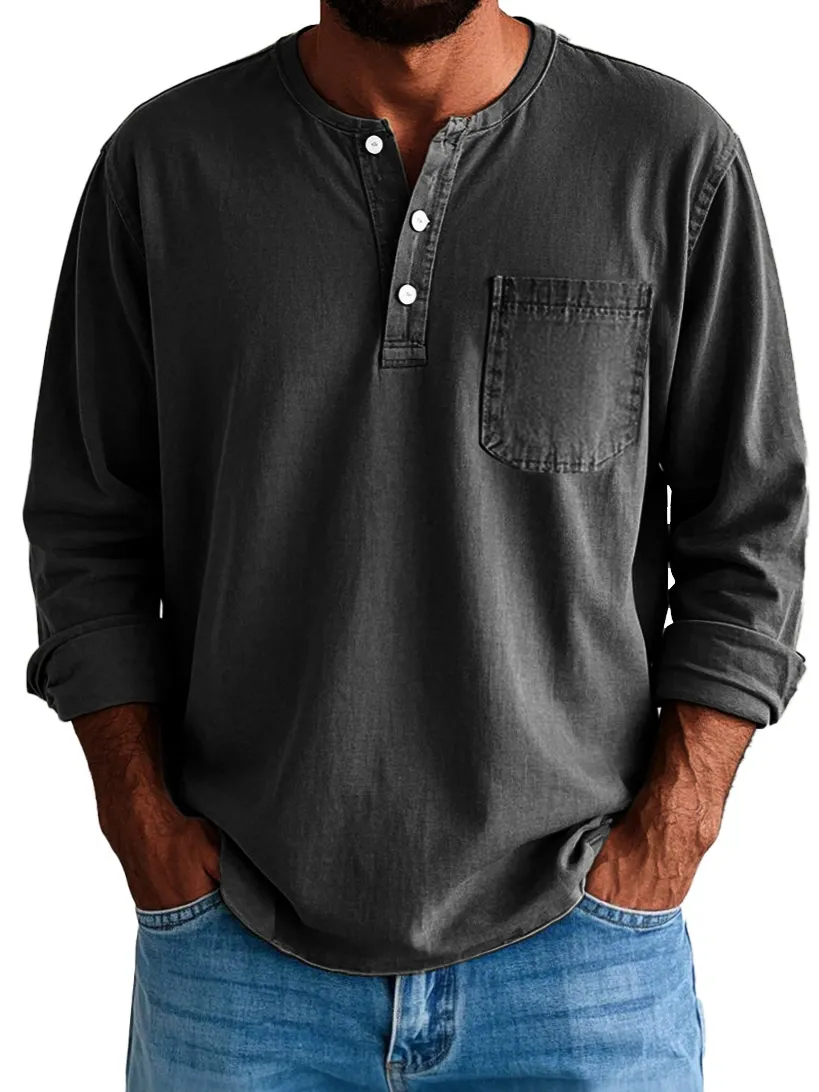 Men's Fashion Vintage Washed Cotton Long Sleeve Pocket Henley Shirt
