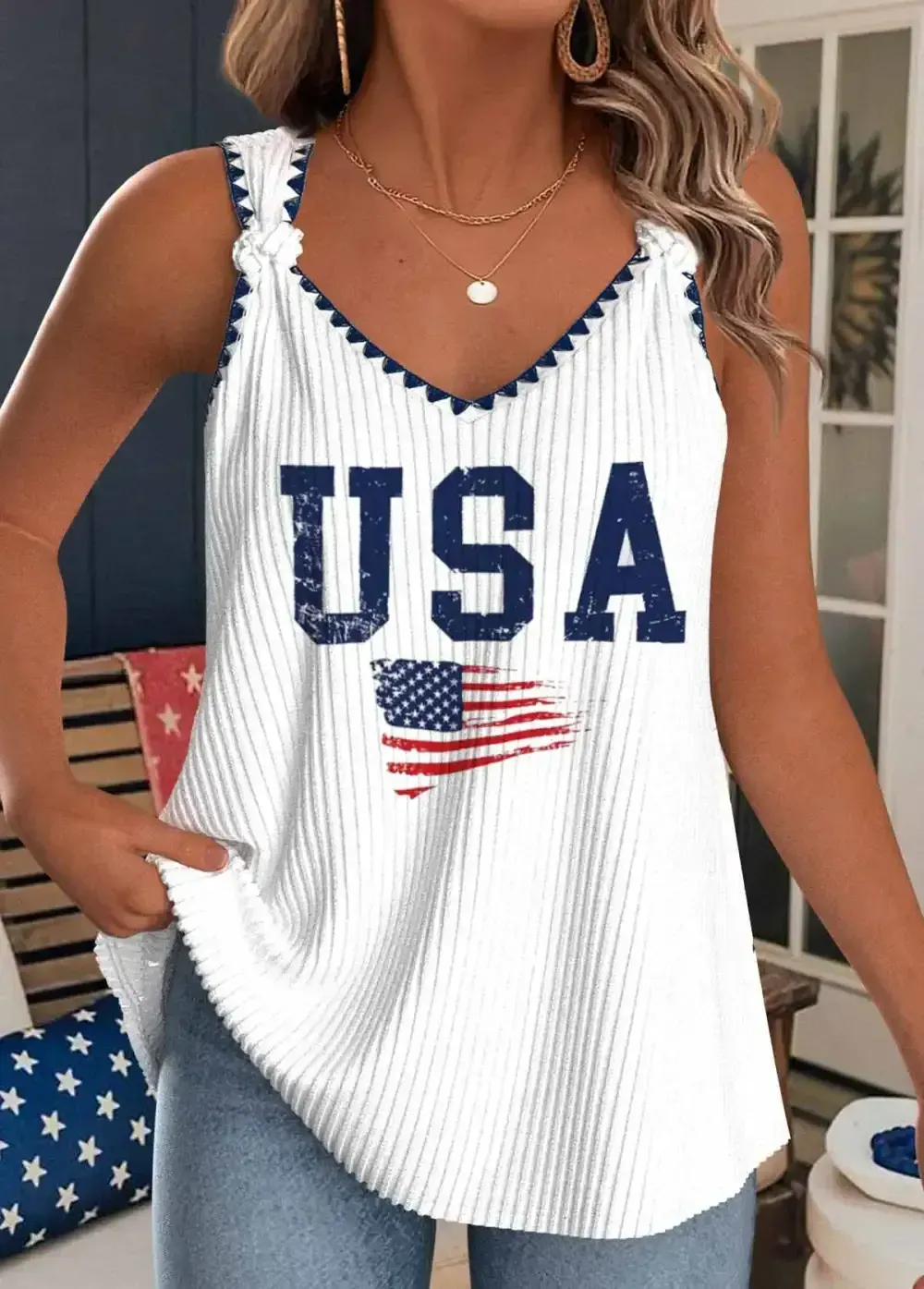 White American Flag Print Strappy V Neck Tank Top