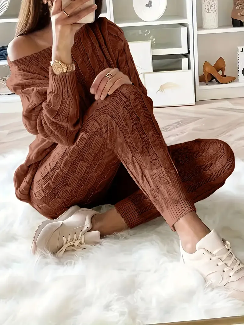 Solid Knitted Matching Two-piece Set, Casual Long Sleeve Sweater & Pants Outfits, Women's Clothing