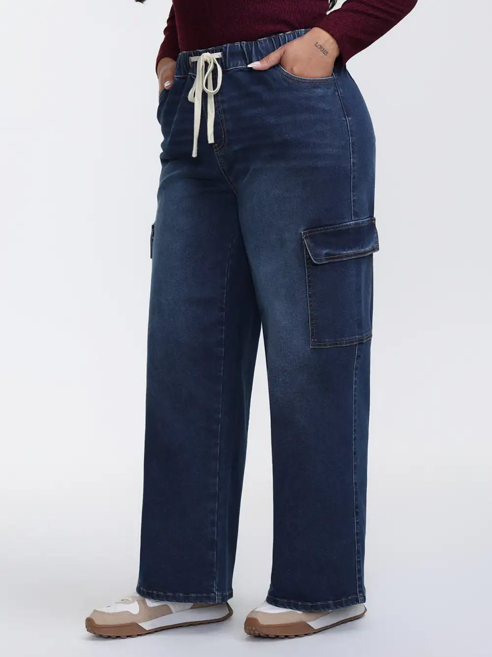 Stretchy Waist Drawstring Wide-Leg Jeans