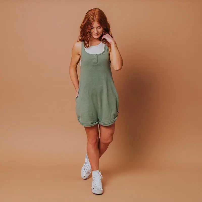 Women's Sleeveless Short Romper – Fern Green Casual Tank Jumpsuit with Pockets