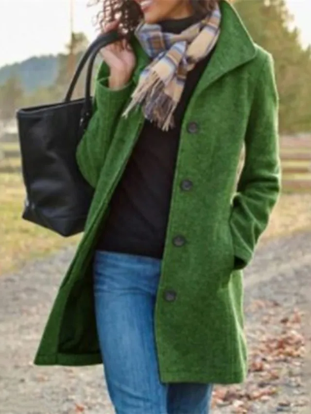 Women's Wool Coat Fall Pea Coat Winter Warm Overcoat Casual Daily Street Style Smocked Single Breasted Turndown Green Dark Grey Regular Fit S M L XL XXL 3XL / Windproof