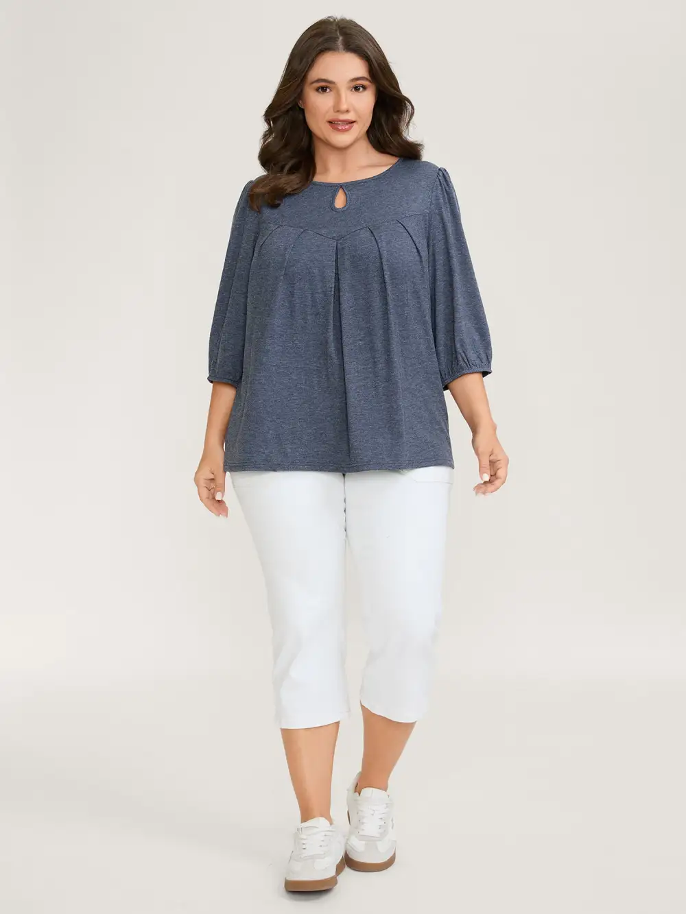 Pleated Neckline Cut-Out Knit Top