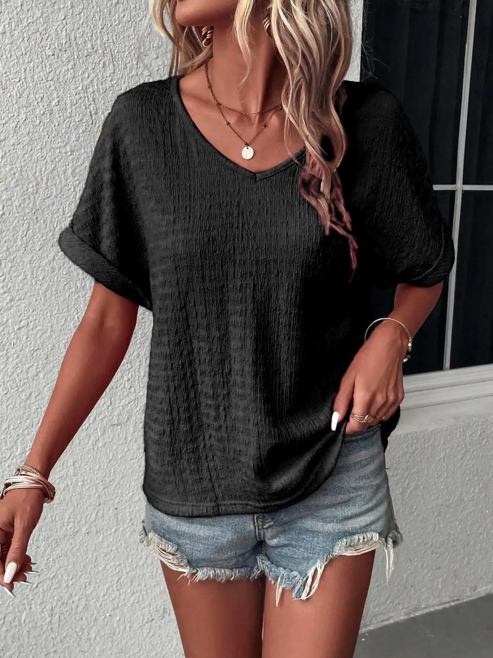 Solid Batwing Sleeve V Neck Blouse