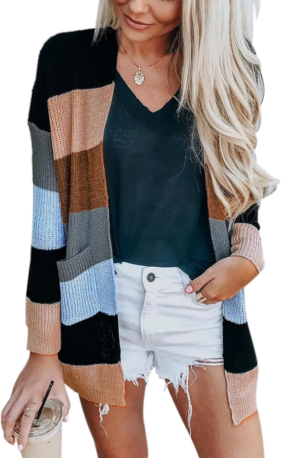 Cardigan Sweaters for Women Lightweight Fall Color Block Striped Long Sleeve Open Front Cozy Knitted Coats Outwear