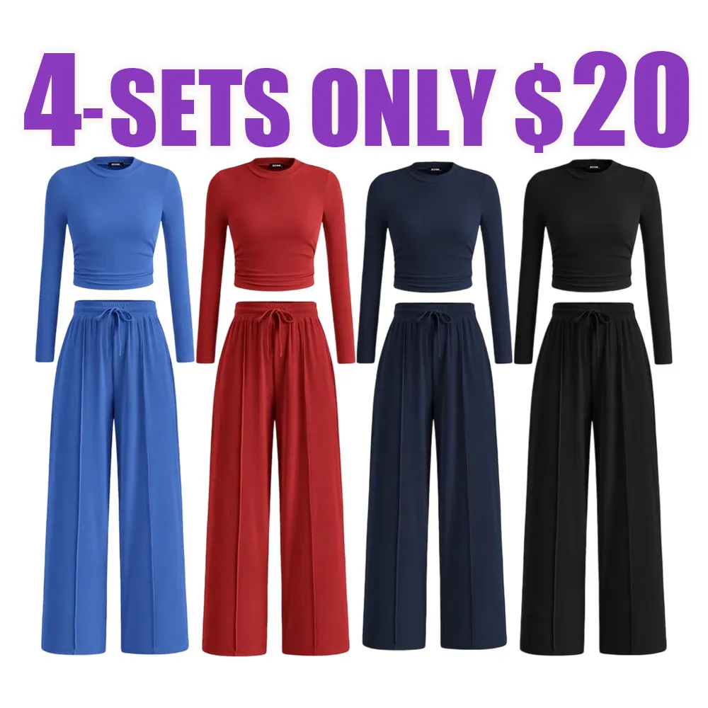 2-Piece Ribbed Knit Long Sleeve Crop Top Wide Leg Pants Matching Lounge Set Loungewear