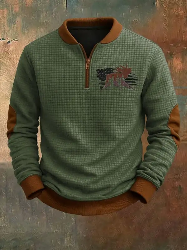 Men's Vintage Western Elk Print Jacquard Zip-Up Sweatshirt