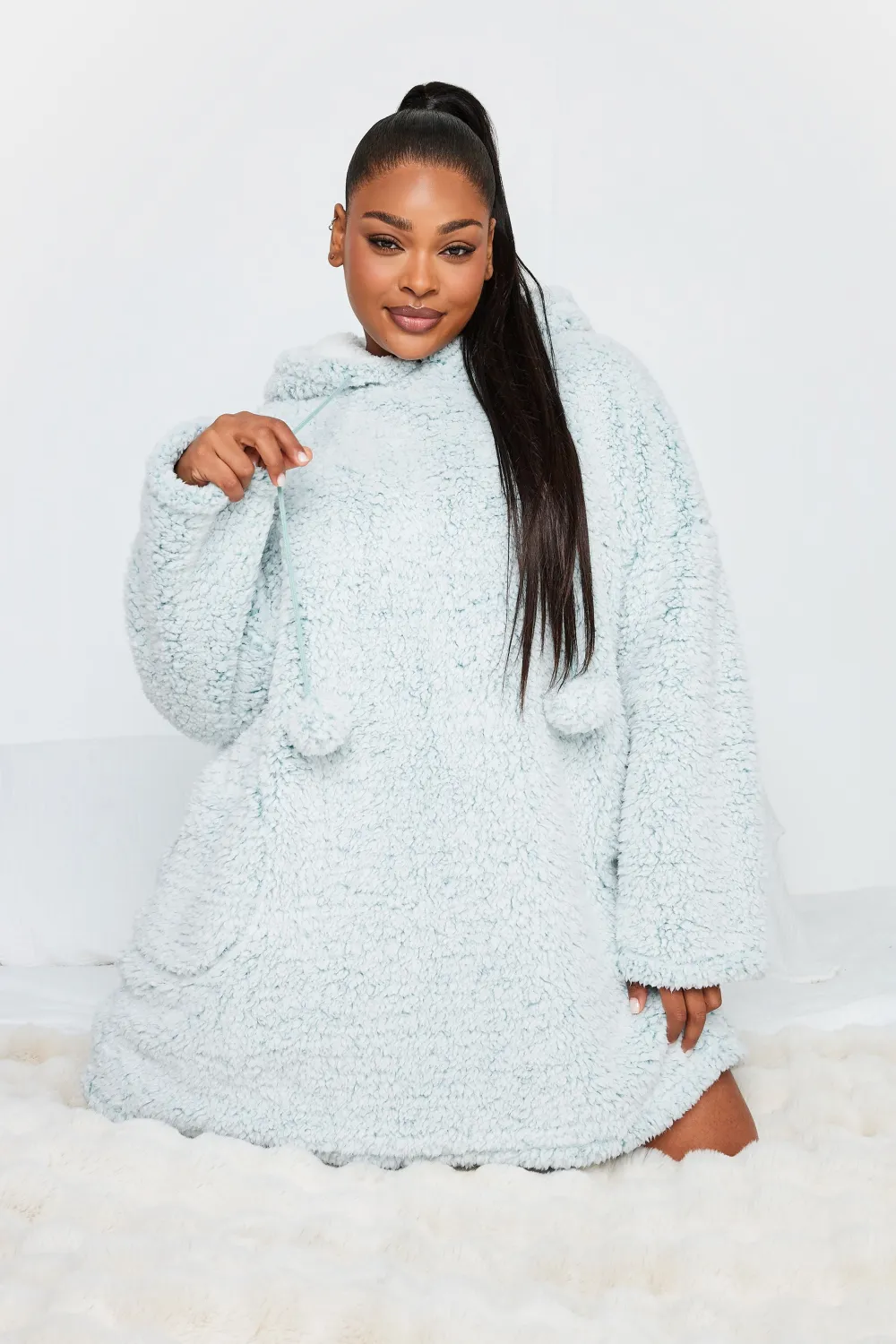 YOURS Curve Light Grey Teddy Drawstring Snuggle Hoodie