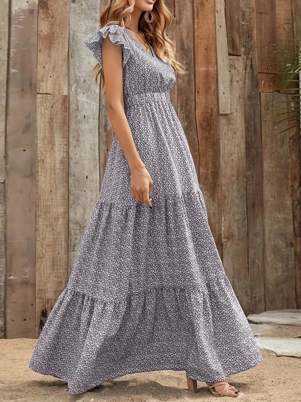 Ditsy Floral Print High Waist Dress, Elegant Ruffle Trim Sleeveless V Neck Maxi Dress, Women's Clothing