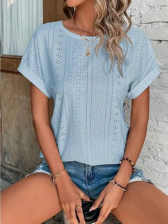 Women's T shirt Tee White Eyelet Tops Light Blue Black White Plain Cut Out Short Sleeve Daily Weekend Basic Round Neck Regular Cotton S