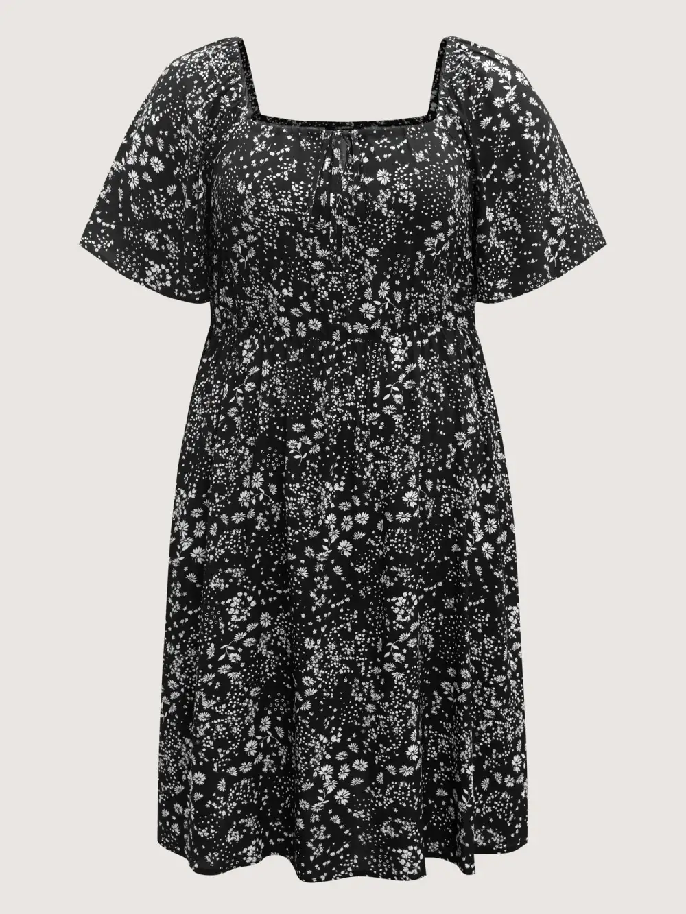 Floral Neck Drawstring Flared Sleeve Midi Dress