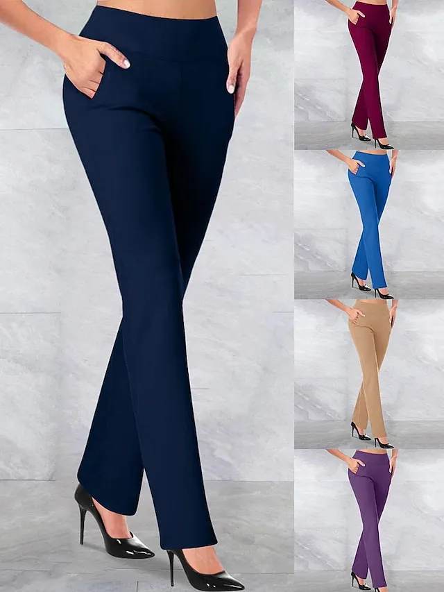 Women‘s Dress Work Casual Pants Trousers Straight Full Length Pocket Stretchy Trousers  Daily Black Wine S M