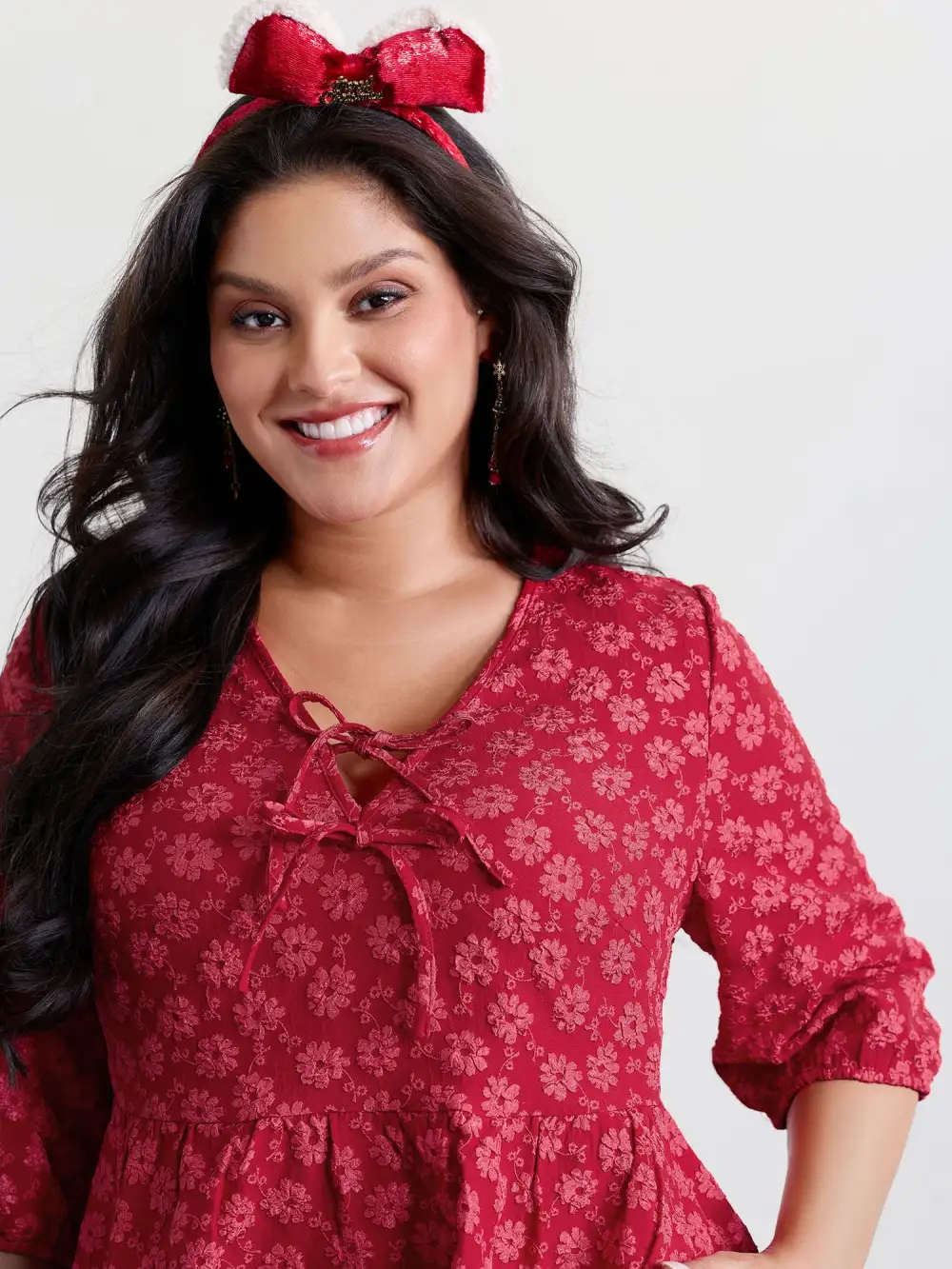 Bowknot Jacquard Stretchy Waist Knee-Length Dress