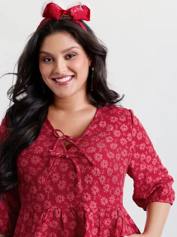 Bowknot Jacquard Stretchy Waist Knee-Length Dress