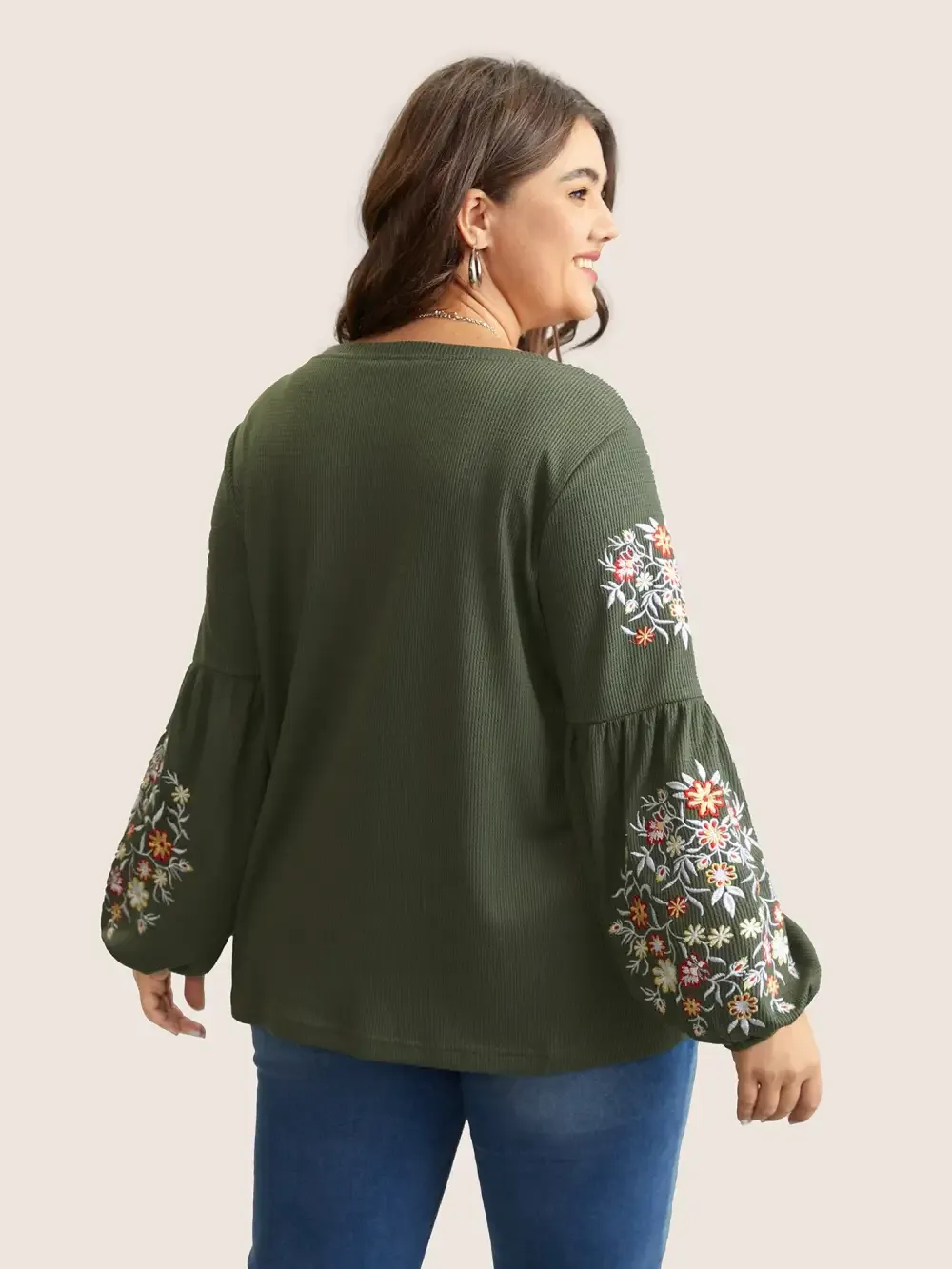 Waffle Knit Floral Embroidered Lantern Sleeve T-Shirt