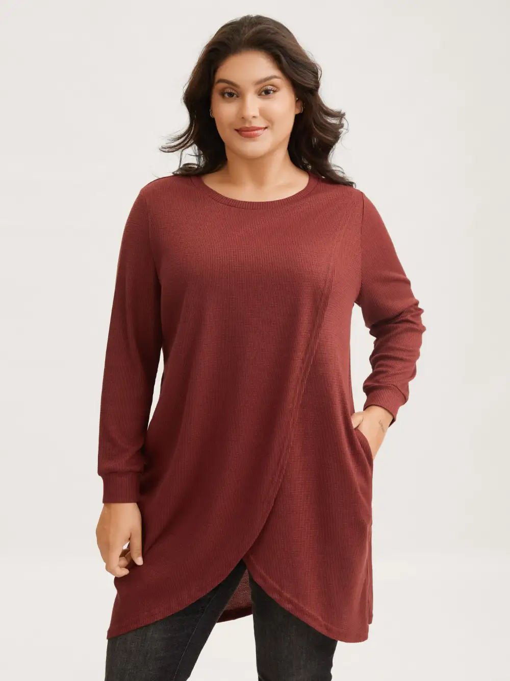 Solid Waffle Knit Overlap Hem T-shirt