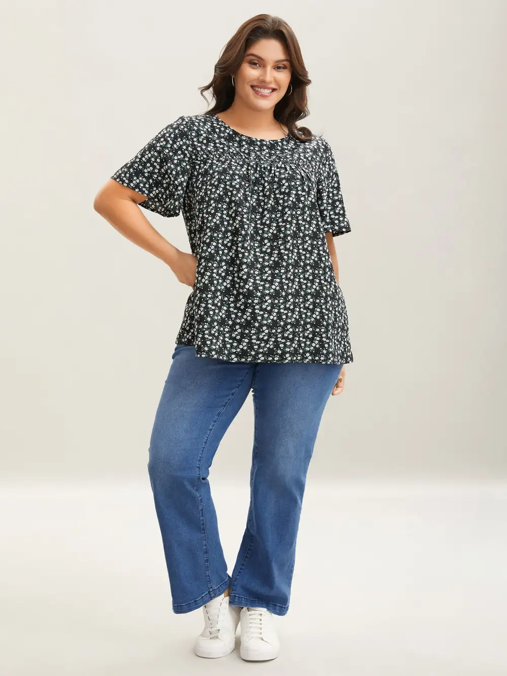 Floral Ruffle Sleeve Gathered Round Neck Blouse