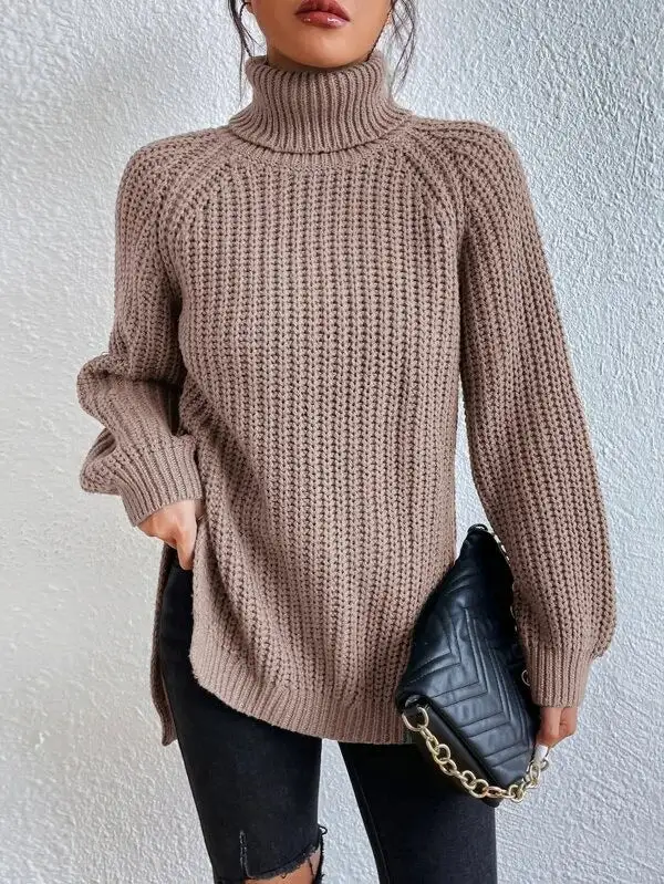 Christmas Sale - 49% off-Cotton Turtleneck Raglan Sleeve Split Hem Sweater