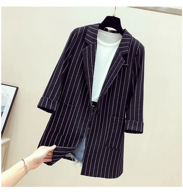 Lapel Collar Long Sleeve Striped Pocket Stitching Regular Loose Blazer For Women