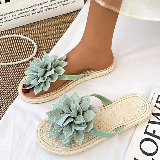 Women's Slippers Boho Bohemia Beach Outdoor Slippers Beach Slippers Outdoor Beach Solid Color Flower Flat Heel Elegant Casual PVC Loafer Black Pink Green