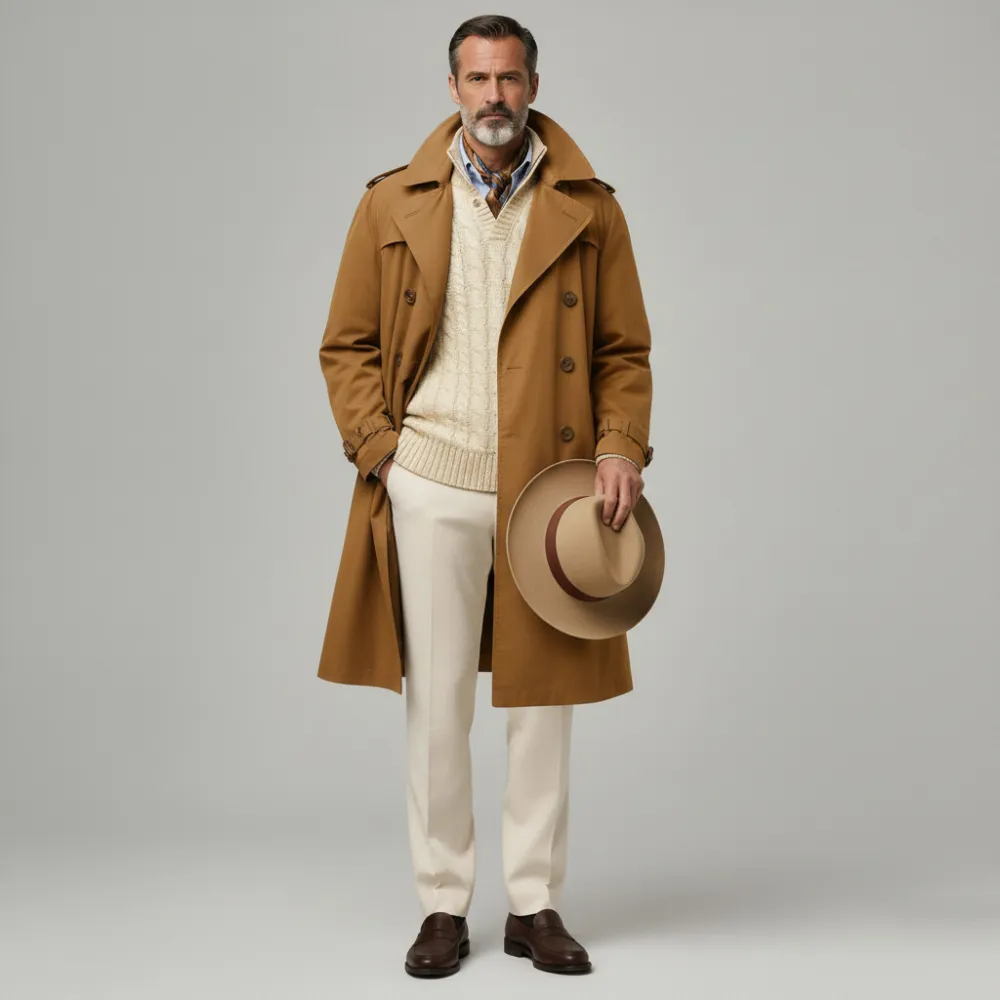 Men's Camel Lapel Collar Long Sleeve Double Breasted Pocket Trench Coat