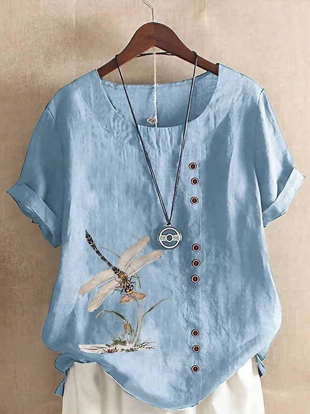 Women's Linen Shirt T shirt Tee Blouse White Pink Blue Floral Button Print Short Sleeve Daily Going out Weekend Streetwear Crewneck Regular Fit Summer Spring