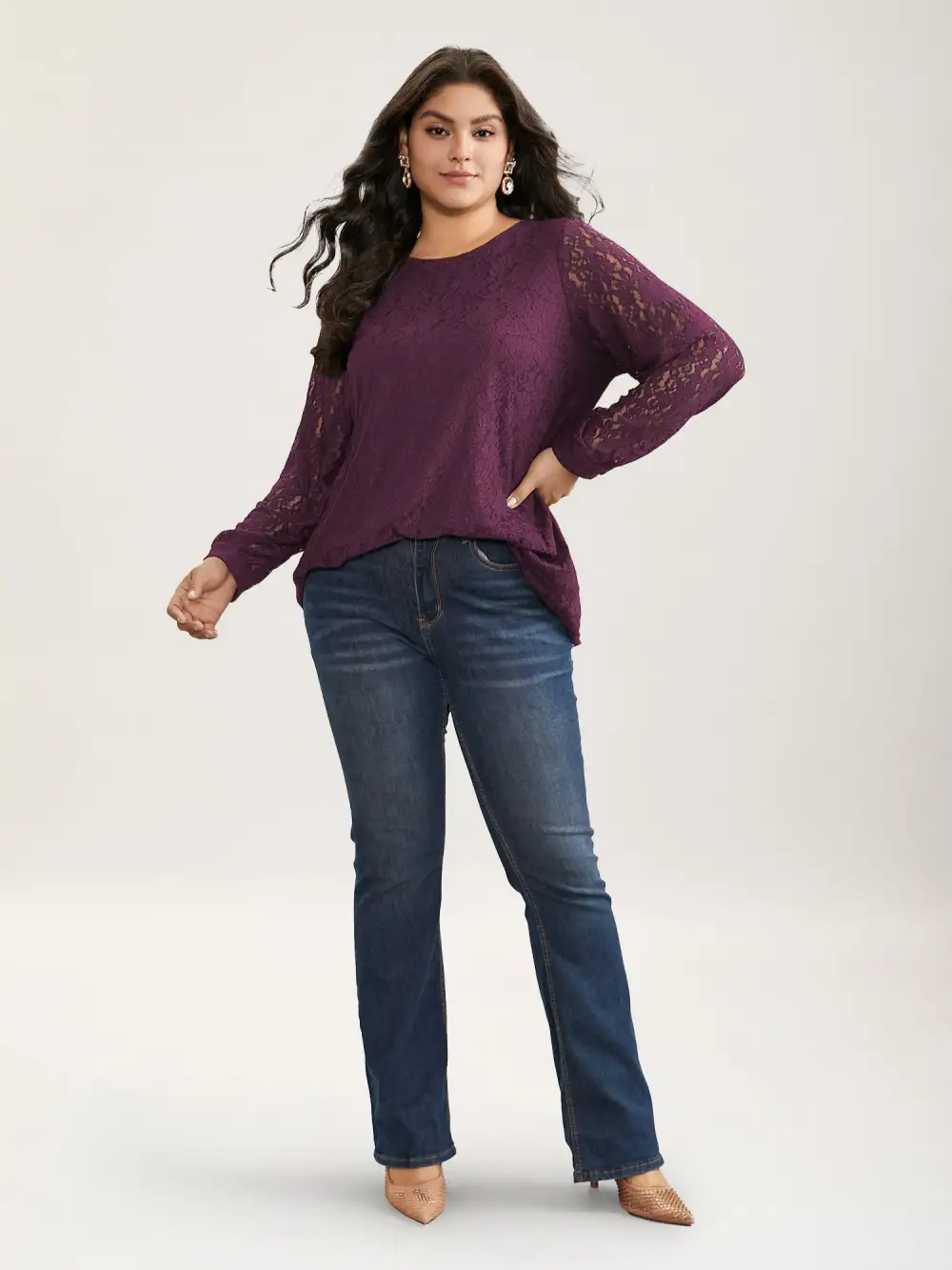 Solid Crochet Lace Mesh Crew Neck Blouse