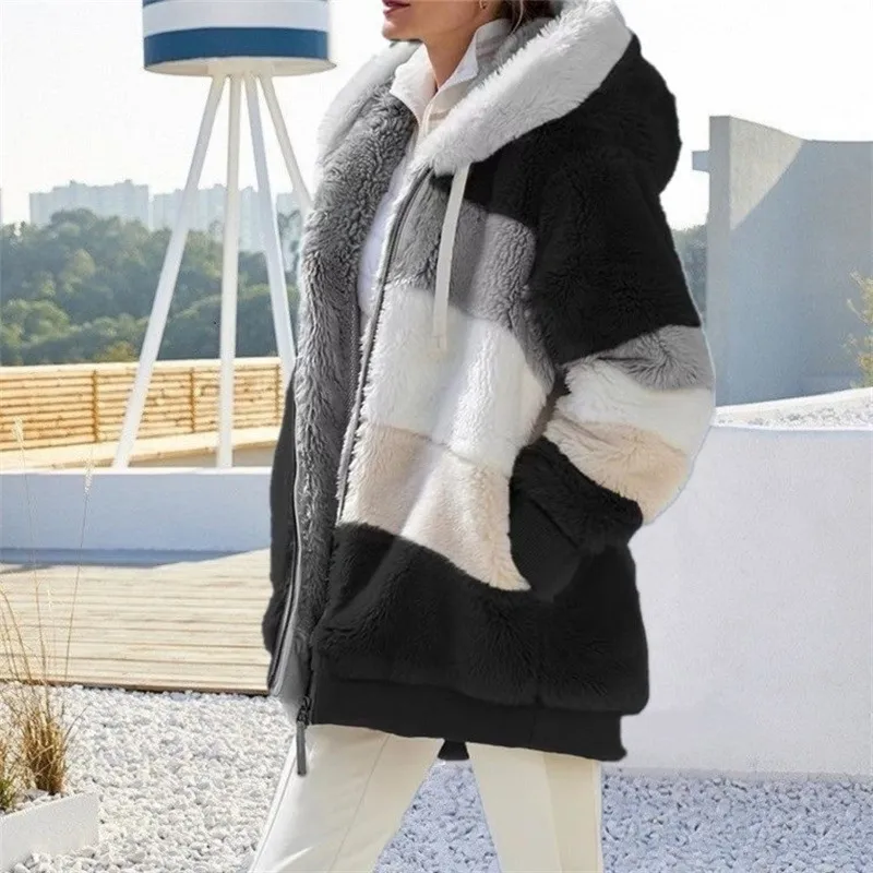 Contrast Plush Drawstring Hooded Jacket