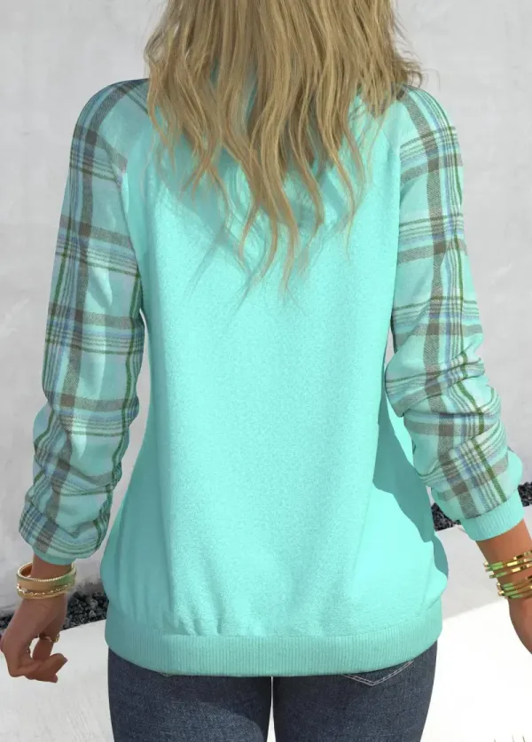 Cyan Patchwork Plaid Long Sleeve V Neck Sweatshirt