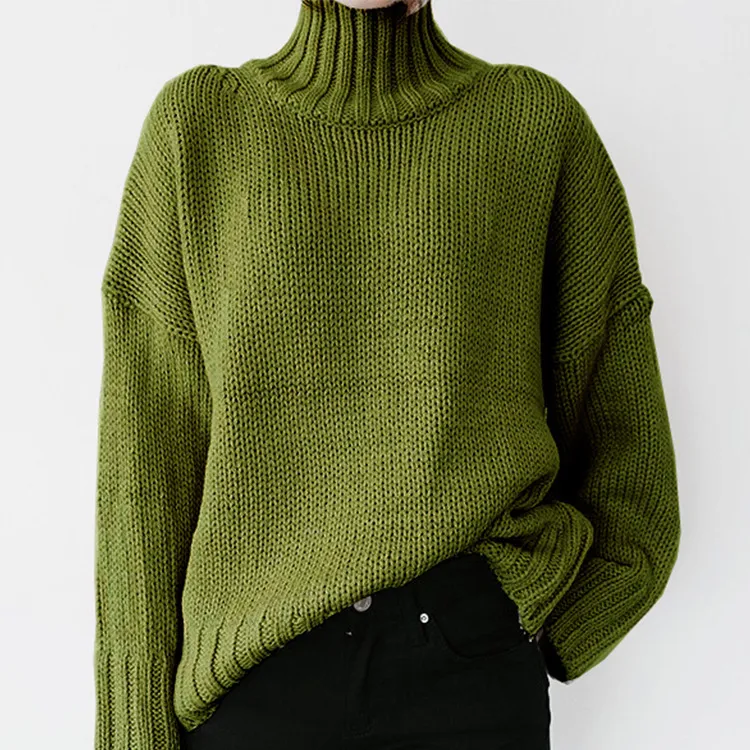 Retro Long Sleeve Solid Color Turtleneck Pullover Sweater