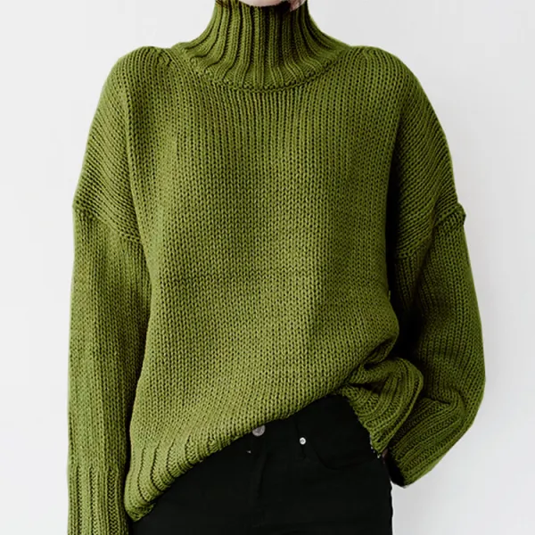Retro Long Sleeve Solid Color Turtleneck Pullover Sweater