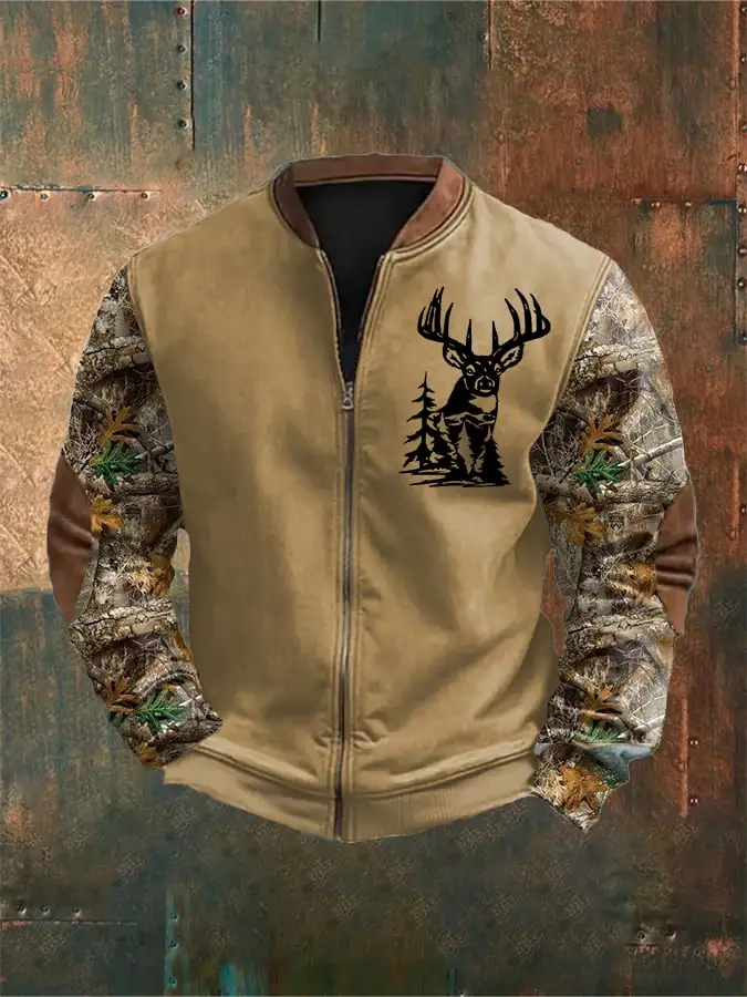 Men's Vintage Western Elk Zipper Stand Collar Cardigan