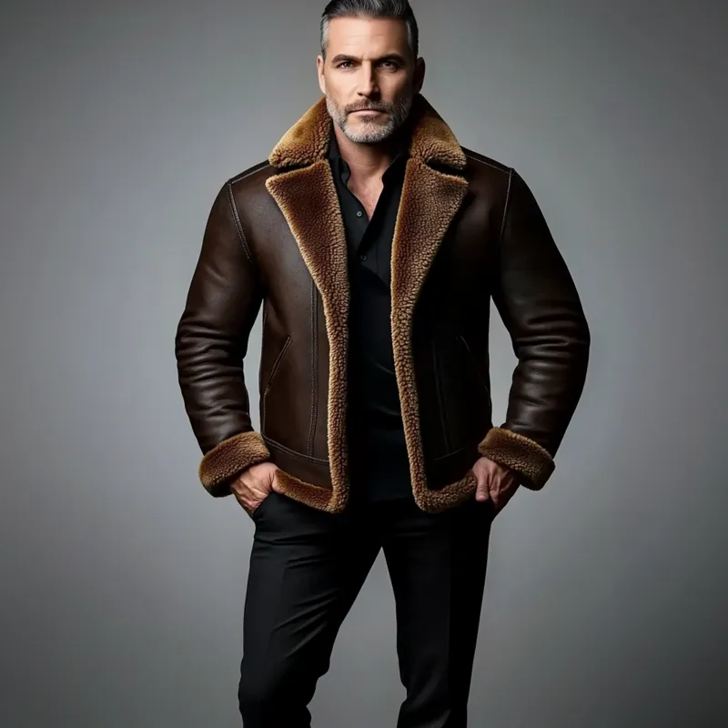 Men's Retro Lapel Long Sleeve PU Leather Fuzzy Coat