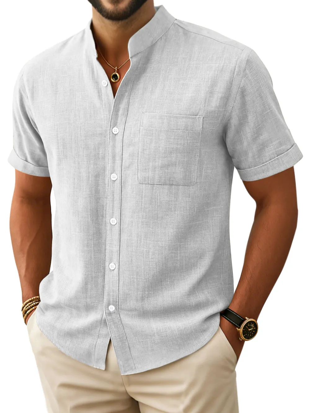 Men's Retro Simple Comfortable Stand Collar Button-down Short Sleeve Shirt