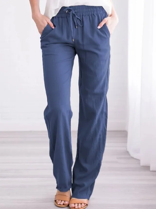 Women‘s Chinos Pants Trousers Baggy Full Length Pocket Cotton Linen Mid Waist Classic Casual Office Work Black Red S M Summer Spring &  Fall