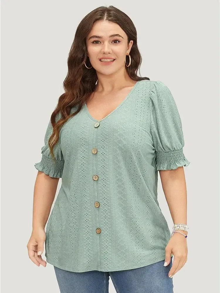 Plain Broderie Anglaise Shirred Puff Sleeve Button Detail T-shirt