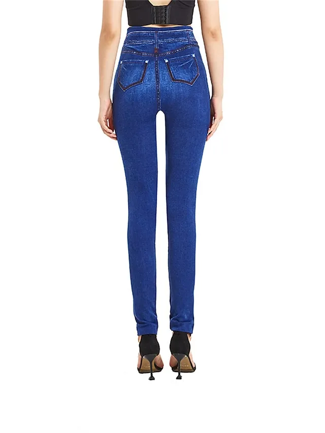 Women's Slim Leggings Cropped Pants Faux Denim Plain Pocket High Cut Ankle-Length High Elasticity High Waist Fashion Streetwear Street Causal Blue S M Summer Fall
